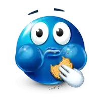 a blue smiley face eating a cookie with crumbs on it