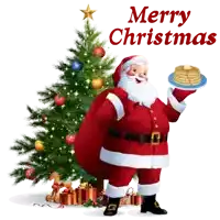 santa claus is holding a plate of pancakes in front of a christmas tree and wishing merry christmas