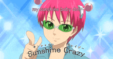 a cartoon character with pink hair and green glasses says sunshine crazy