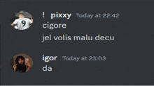 a screenshot of a chat with pixxy and igor