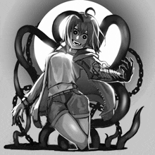 a black and white drawing of a girl surrounded by tentacles