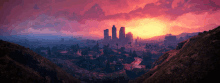 a sunset over a city with a lot of buildings