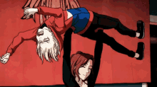 a cartoon of two people doing a handstand on a red background