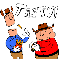 a pixel art of two men eating french fries with the word tasty in the background