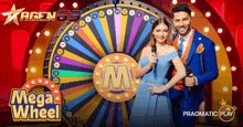 a man and a woman are standing in front of a mega wheel game