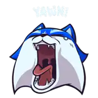 a cartoon drawing of a husky with its mouth wide open and the word yawn behind it