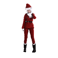 a woman in a santa suit is standing in front of a white backdrop