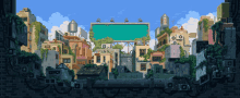 a pixel art drawing of a city with a billboard that says ' subway ' on it