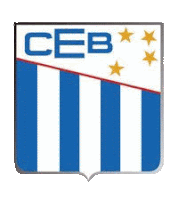 a blue and white striped emblem with the word ceb on the top