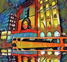 a colorful painting of a city scene with a yellow bus in the foreground and a woman in the middle