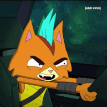 a cartoon cat with a mohawk is driving a car with adult swim written on the bottom