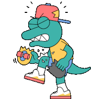 a cartoon drawing of a dinosaur wearing a hat holding a skateboard