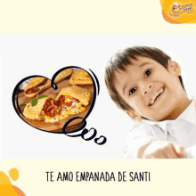 a young boy is smiling and thinking about a heart shaped empanada .