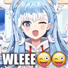 a picture of a girl with blue hair and the word wleee