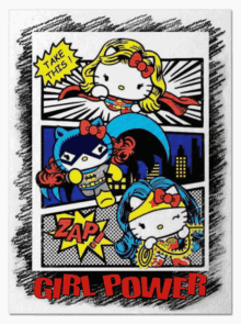 a hello kitty comic strip with the words girl power on the bottom