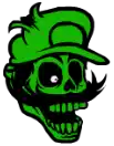 a green skull with a hat and a mustache on a white background .