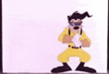 goofy is wearing a gas mask and yellow pants while standing on a white background .