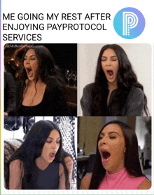 a meme of kim kardashian yawning with the words me going my rest after enjoying pay protocol services