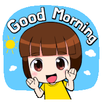 a cartoon girl says good morning in front of a blue background