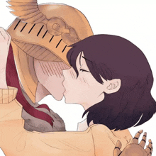 a drawing of a woman kissing a knight with a helmet on