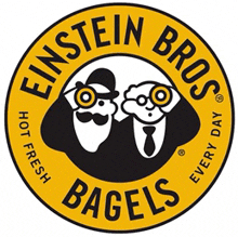 a logo for einstein bros bagels shows two men with glasses