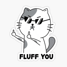 a cat wearing sunglasses is giving the middle finger and the words fluff you below it