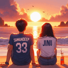 a boy and a girl are sitting on the beach at sunset and the girl has jinu on her back