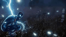 a spiderman is kneeling down in front of a lightning bolt in a dark room .