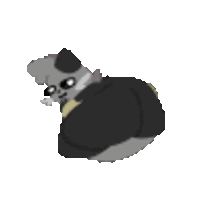 a pixel art drawing of a cat wearing a black suit and tie .