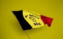 a yellow black and red acs flag is flying in the wind