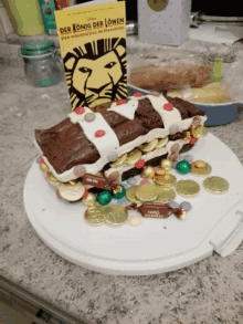 a lion king cake with candy and a book behind it