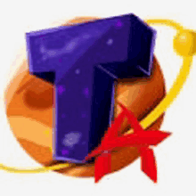 a purple letter t is sitting on top of a brown planet with a red star .