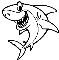 a black and white drawing of a shark with big teeth and a big smile .