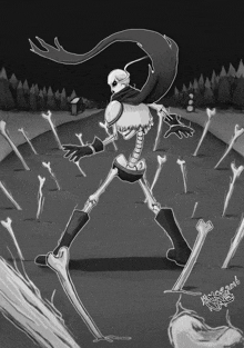 a black and white drawing of a skeleton with a scarf