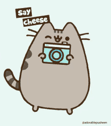 a cartoon cat holding a camera with the words say cheese above it