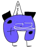 a cartoon drawing of a purple monster with a hat that says " duck " on it