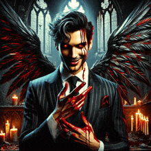 a man in a suit and tie with bloody hands and wings