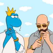 a man with a beard is smoking a cigar next to a blue cartoon character with a crown on his head