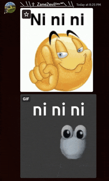 a picture of a smiley face next to a picture of a face that says ' nini ni '