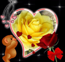 a teddy bear is standing in front of a heart with a yellow rose and red roses