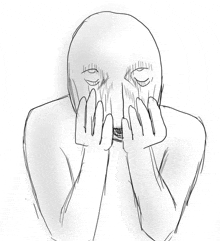 a black and white drawing of a person covering their face with their hands .