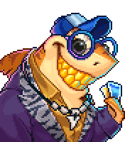 a pixel art drawing of a cartoon character wearing glasses and a blue hat