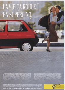 an advertisement for the renault supercinq shows a man kissing a woman