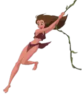 a cartoon woman is hanging from a vine