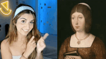 a woman wearing a blue headband next to a painting of a woman