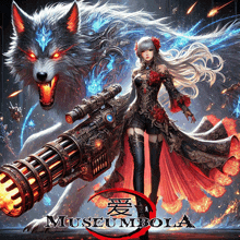 a woman in a red dress is holding a gun in front of a wolf that says museum bola