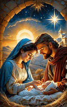 a painting of jesus and mary holding the baby jesus in a manger