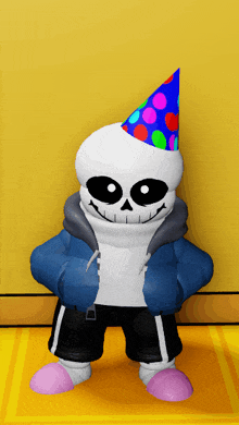 a cartoon character is wearing a party hat and a blue jacket