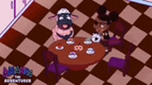 a cartoon of a sheep and a girl sitting at a table in a kitchen .