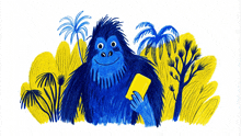 a drawing of a blue gorilla holding a yellow box